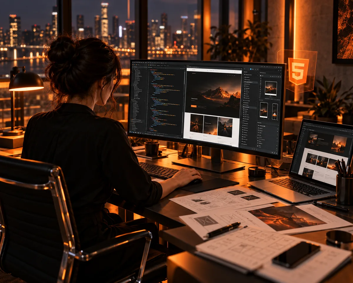 Développeuse Arkhame structurant et réalisant un site web dans un studio aux lumières orange