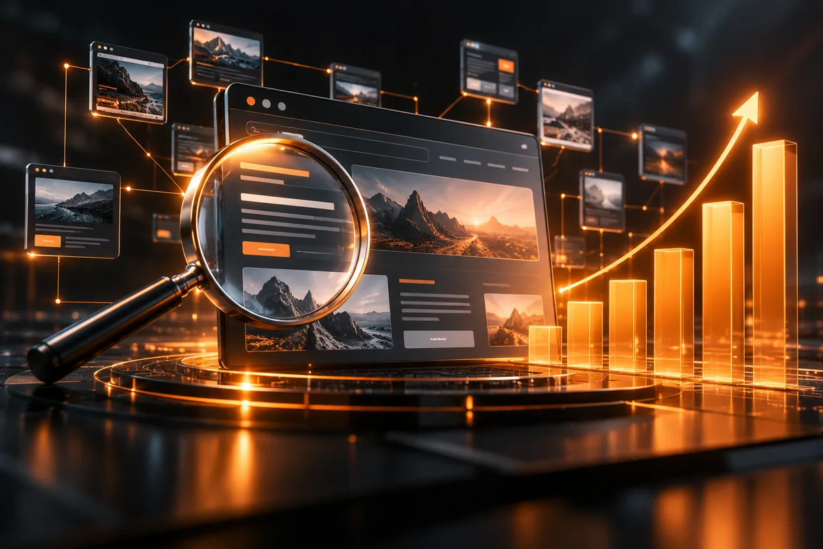 Analyse du référencement avec une page web, une loupe et des indicateurs de visibilité