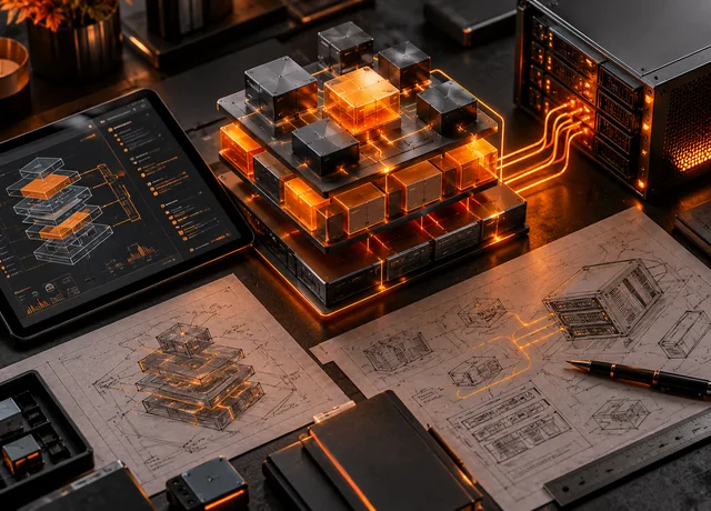 Architecture logicielle en modules reliés par des connexions orange