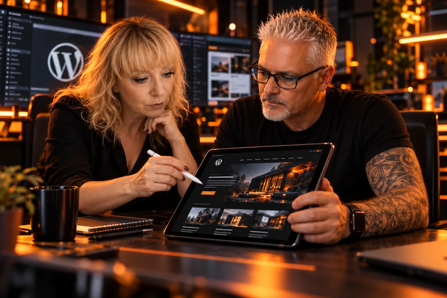 Laurence et Loran examinent la conception d’un site WordPress sur une tablette