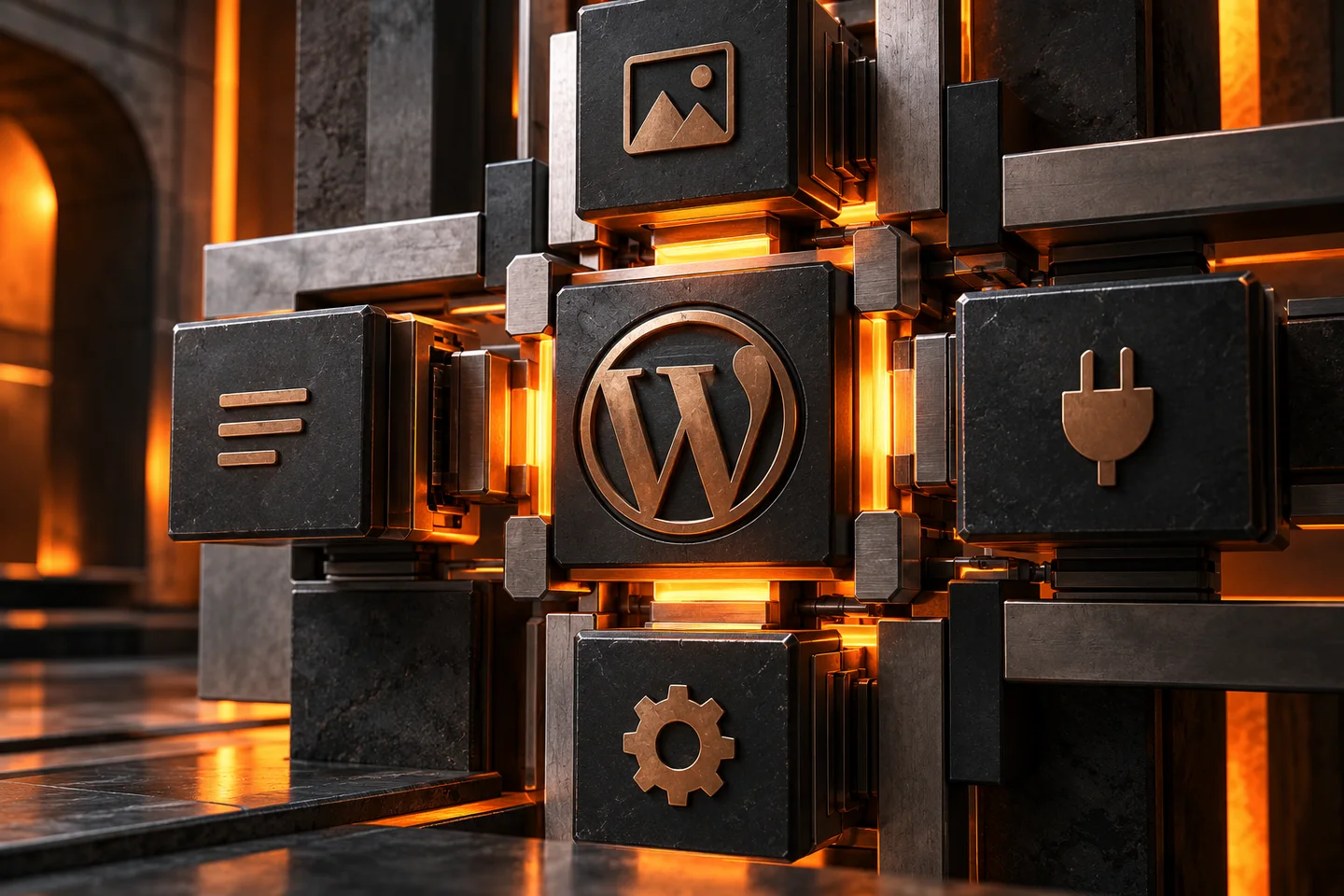 Des modules WordPress s’assemblent dans une structure technique sécurisée