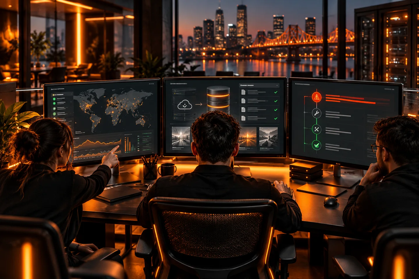 Une station de surveillance affiche disponibilité, sauvegardes et suivi des incidents