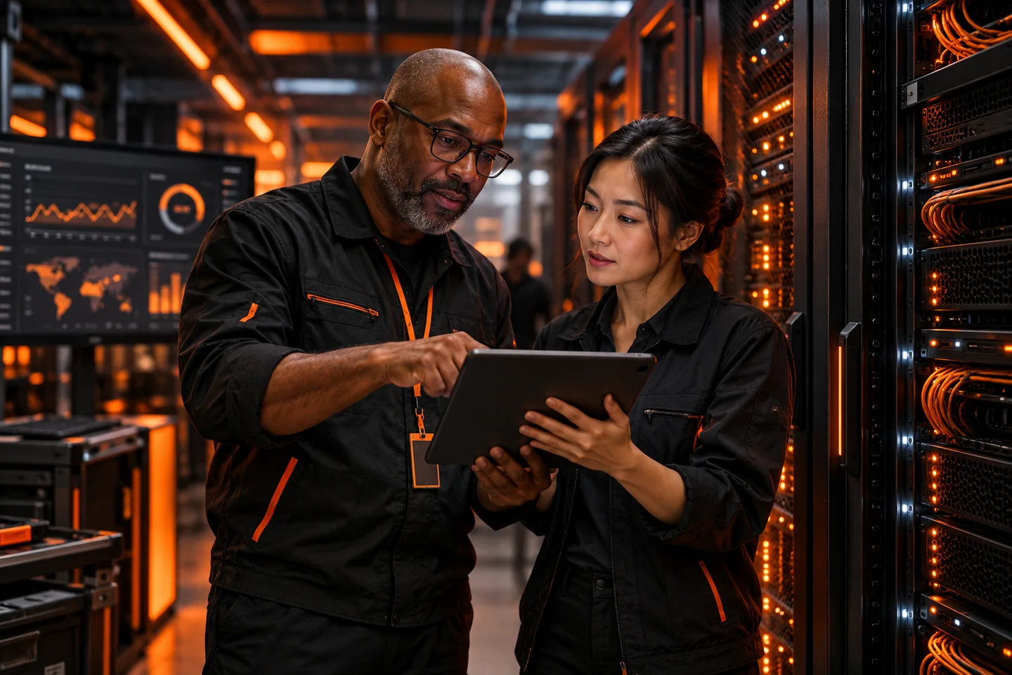 Deux spécialistes vérifient l’état des serveurs sur une tablette