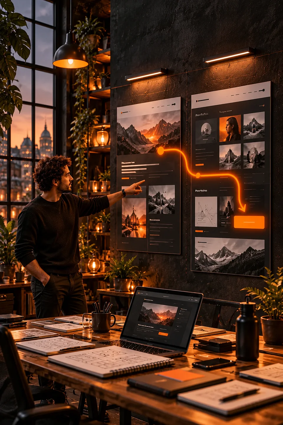 Un concepteur organise le parcours d’un site web sur de grandes maquettes dans un studio montréalais