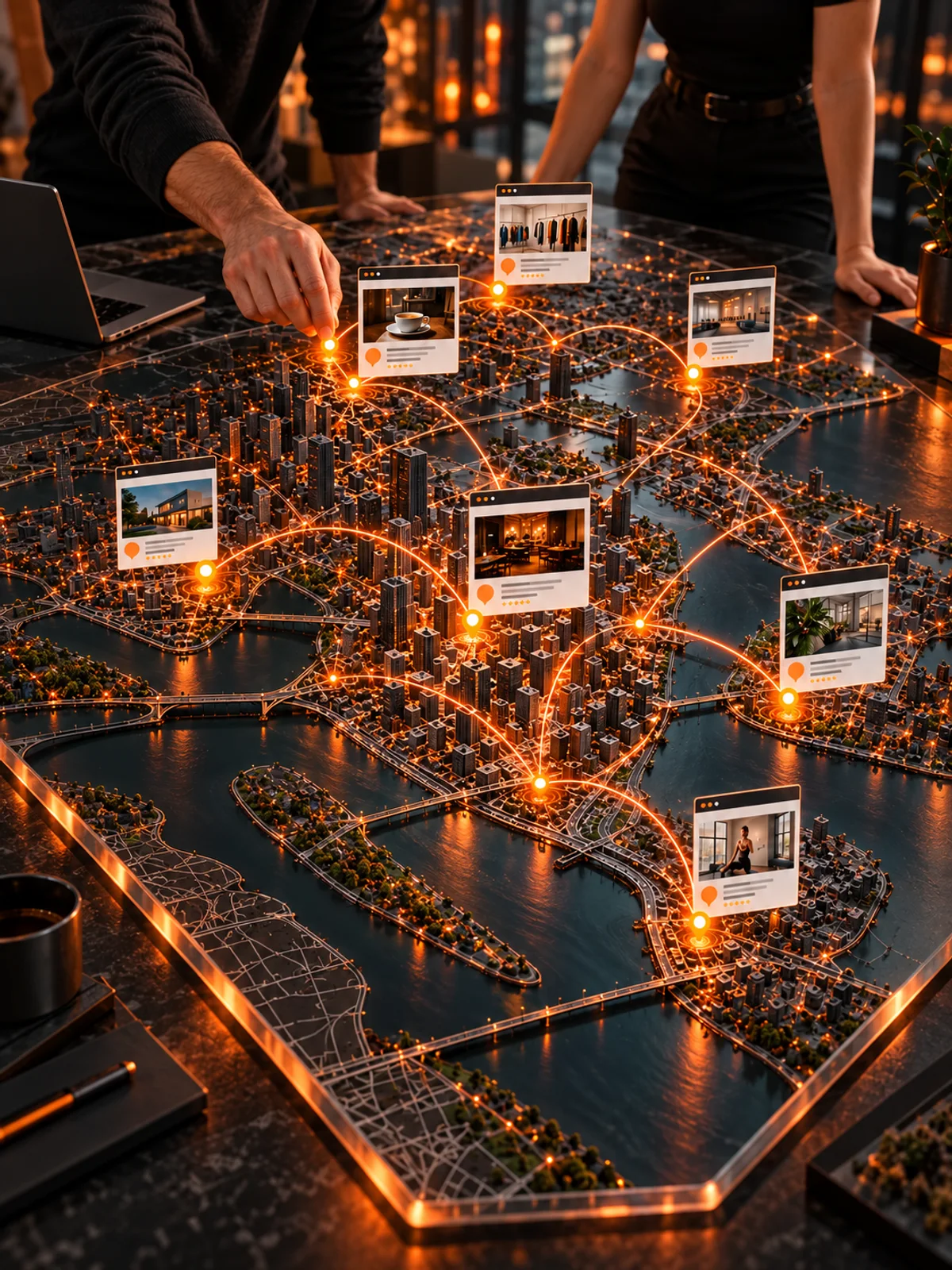 Une carte de Montréal relie les sites et les entreprises locales par des repères orange