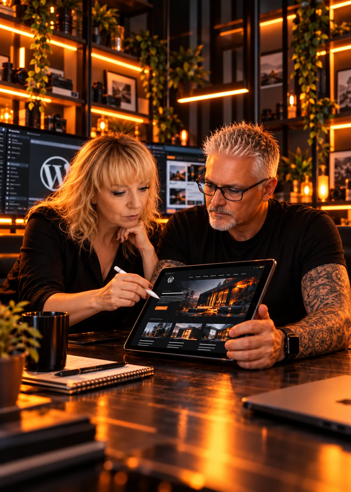 Laurence et Loran examinent la conception d’un site WordPress sur une tablette