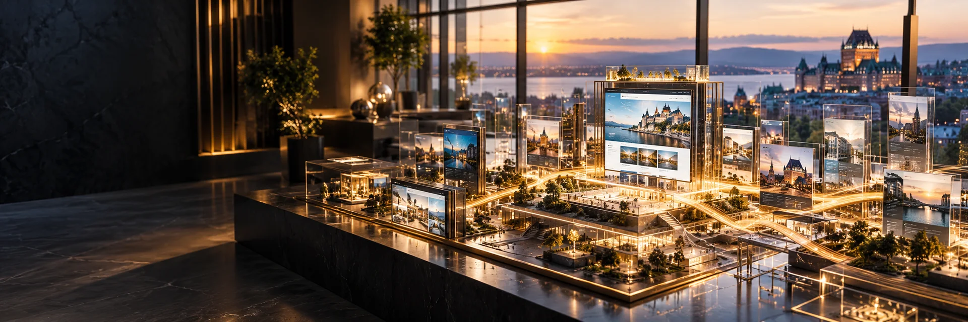 Architecture de plateformes web reliées par des chemins lumineux dans un studio Arkhame