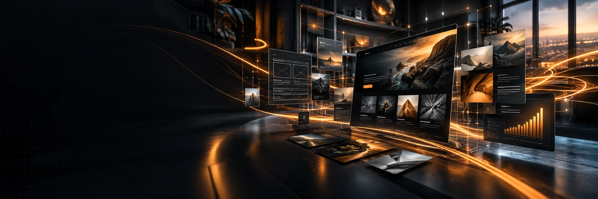 Interfaces web en perspective et lignes lumineuses orange dans l’univers éditorial Arkhame