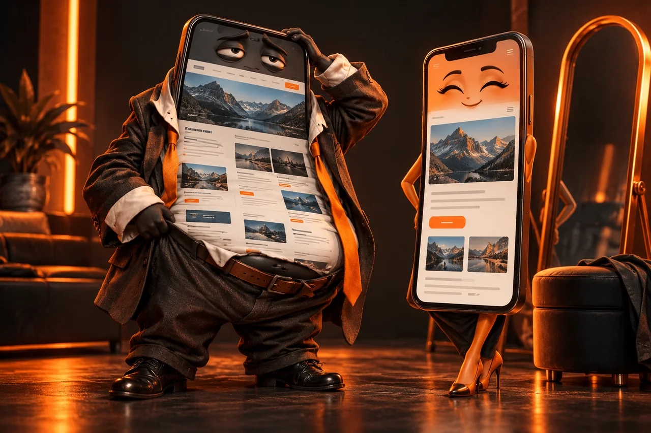 Deux interfaces illustrent la différence entre un site adapté et un affichage mobile déséquilibré.