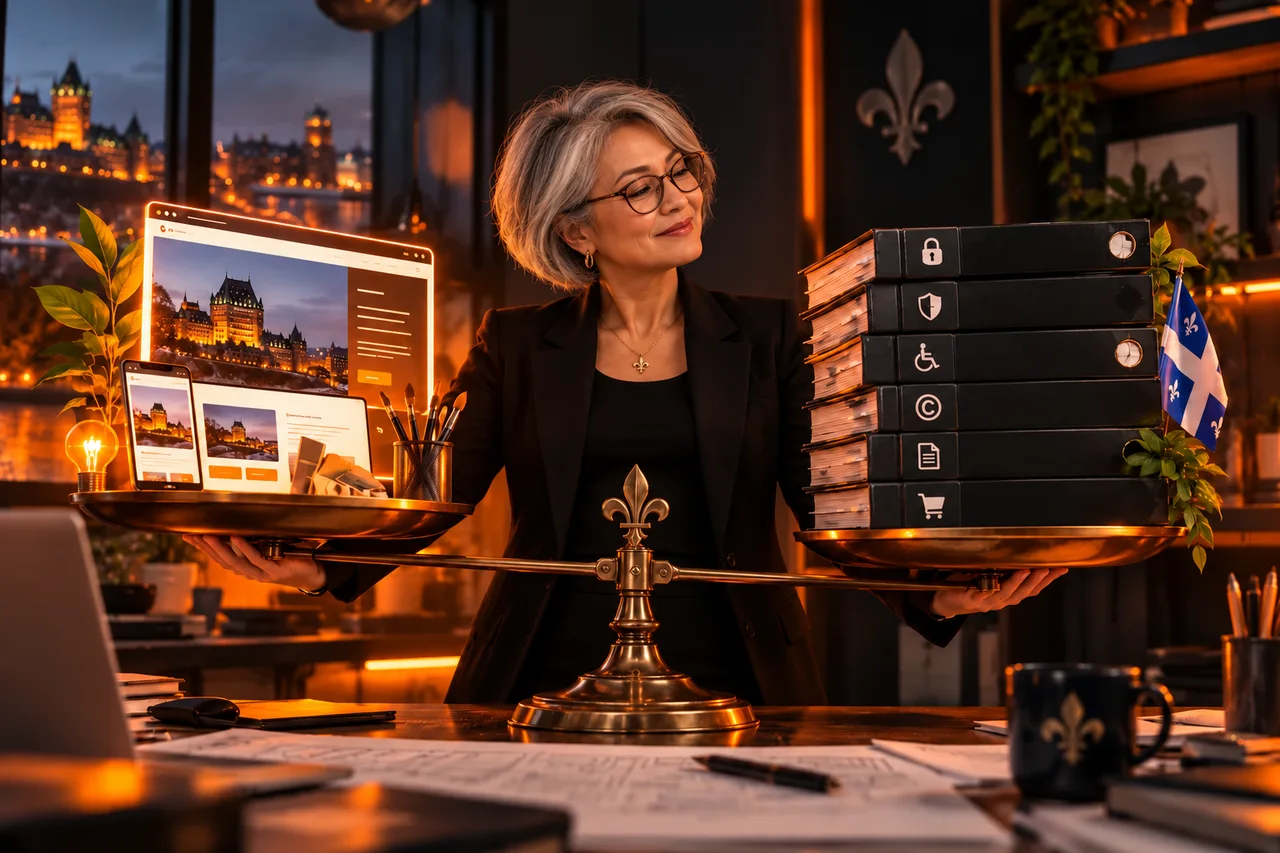 Création web et obligations légales en équilibre dans un studio numérique.
