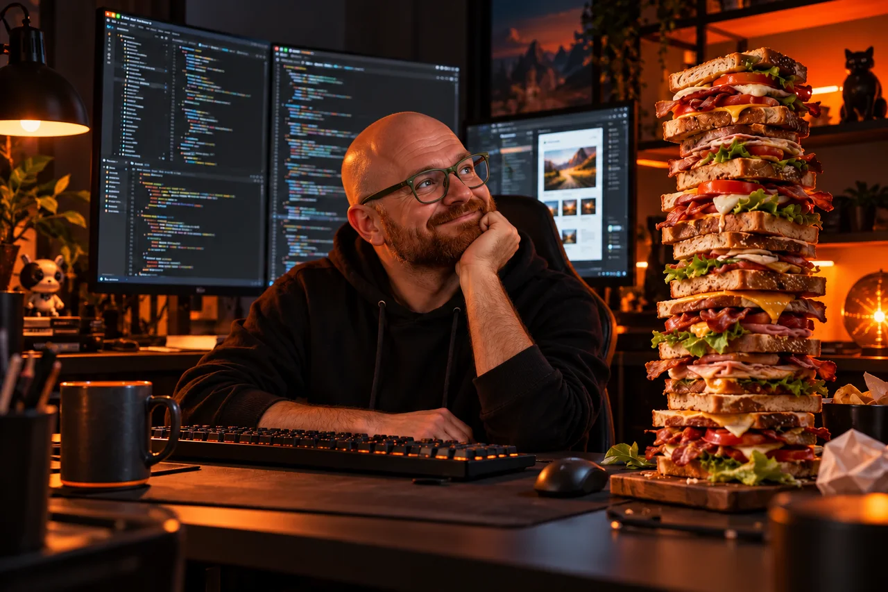 Un programmeur fait une pause devant son code et un impressionnant sandwich.