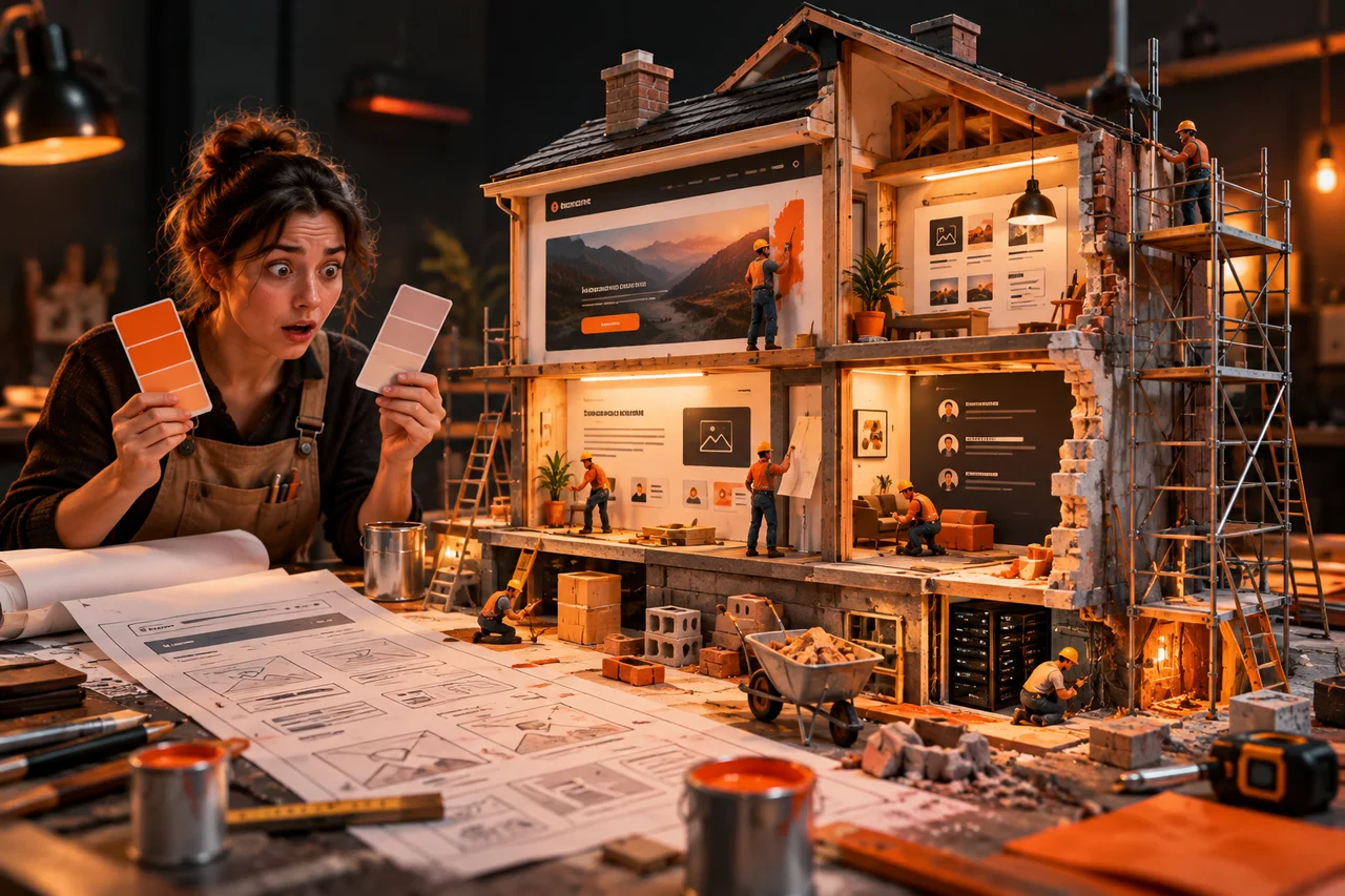 Un site web en rénovation, entre échafaudage et maquettes d’interface.