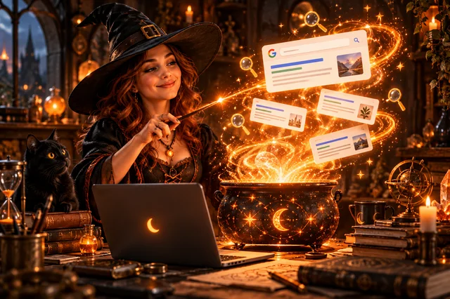 Une sorcière moderne fait apparaître des résultats de recherche avec une formule SEO.