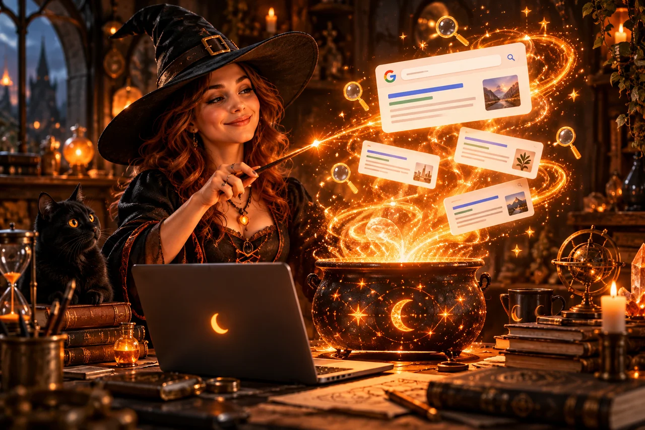 Une sorcière moderne fait apparaître des résultats de recherche avec une formule SEO.