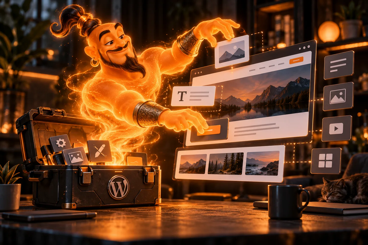 Un génie numérique assemble des outils WordPress pour construire un site.