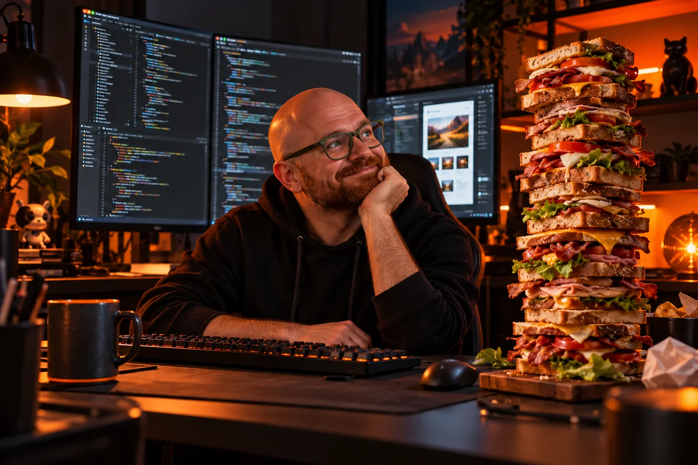 Un programmeur fait une pause devant son code et un impressionnant sandwich.