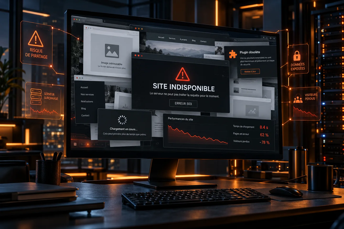 Illustration d’un site indisponible à l’écran, avec erreurs, extension obsolète et chargement bloqué faute de maintenance