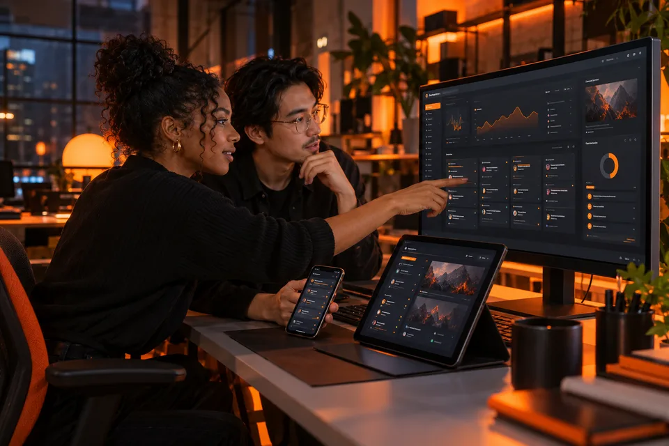 Deux collaborateurs testent une application métier sur ordinateur, tablette et téléphone