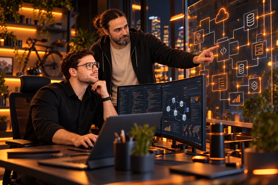 Alexy et Michael travaillent sur l’architecture d’une application sur mesure