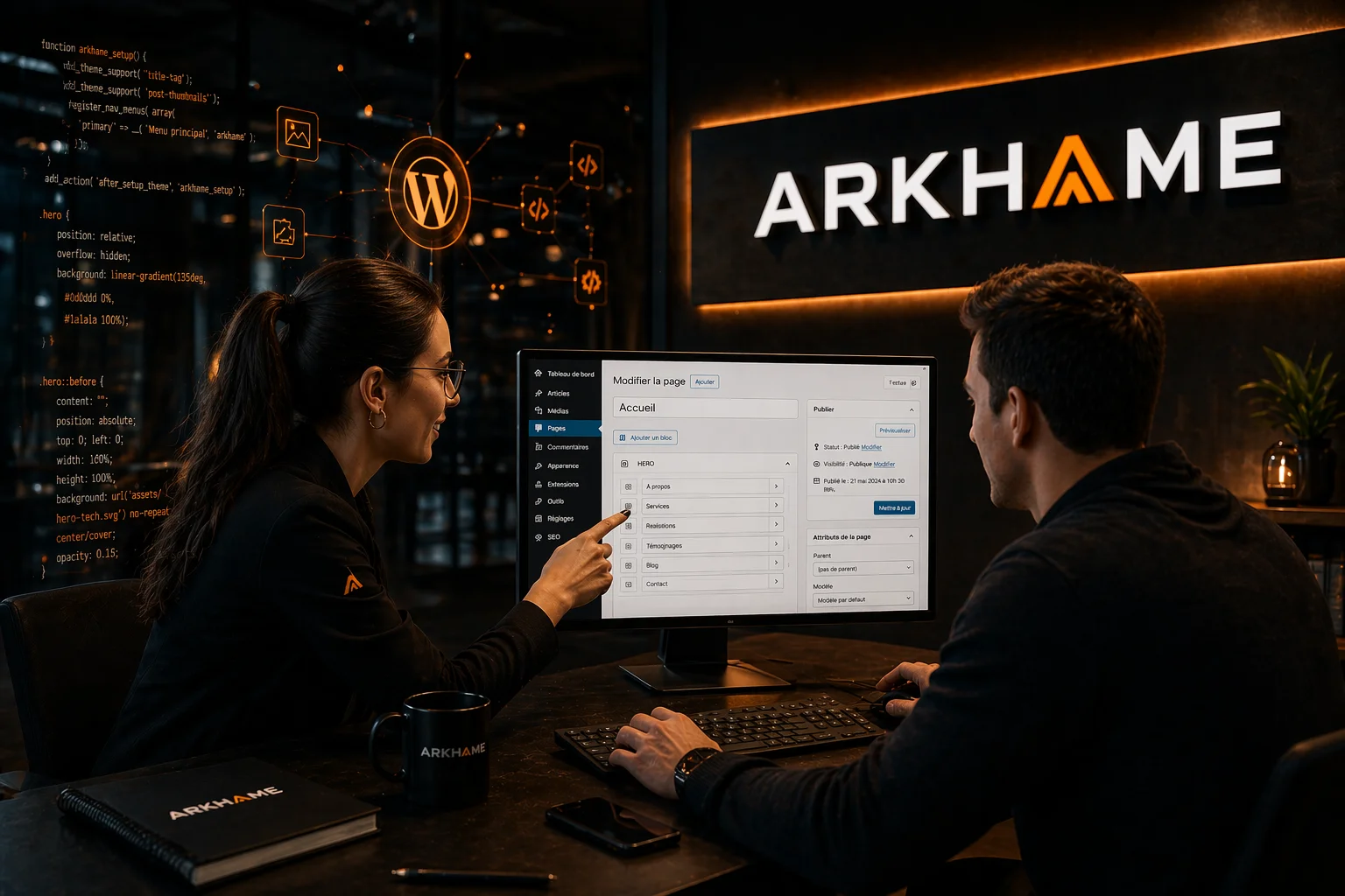 Client en formation WordPress avec une développeuse Arkhame apprenant à gérer et modifier son site web de façon autonome