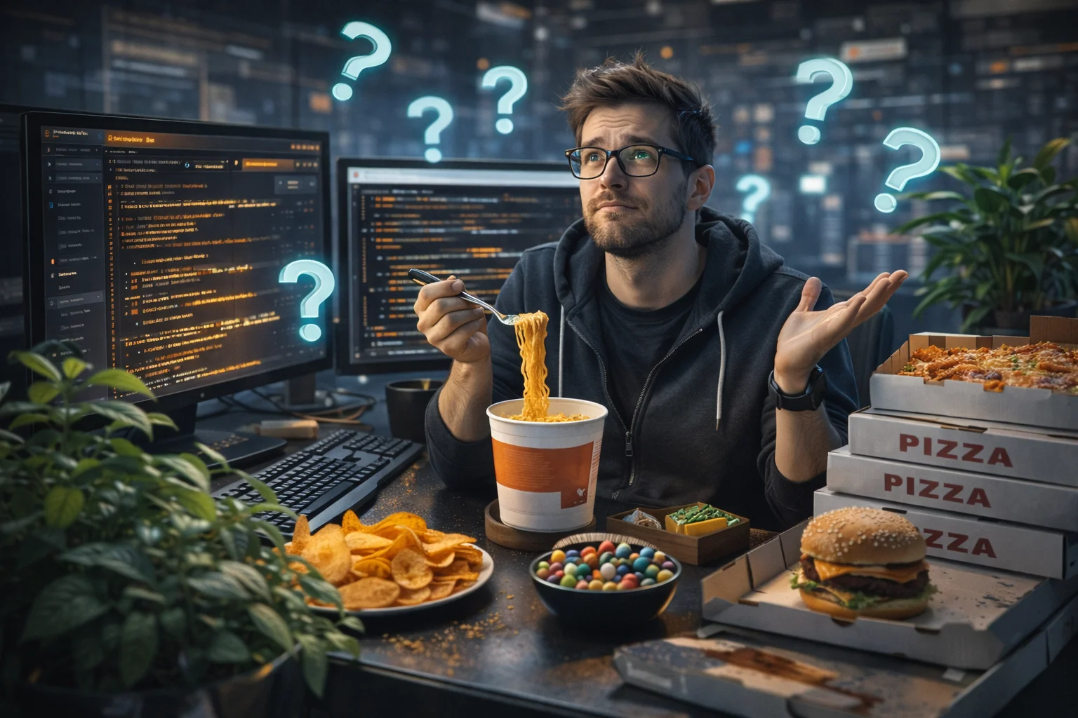Perplexed programmer and gourmet distraction